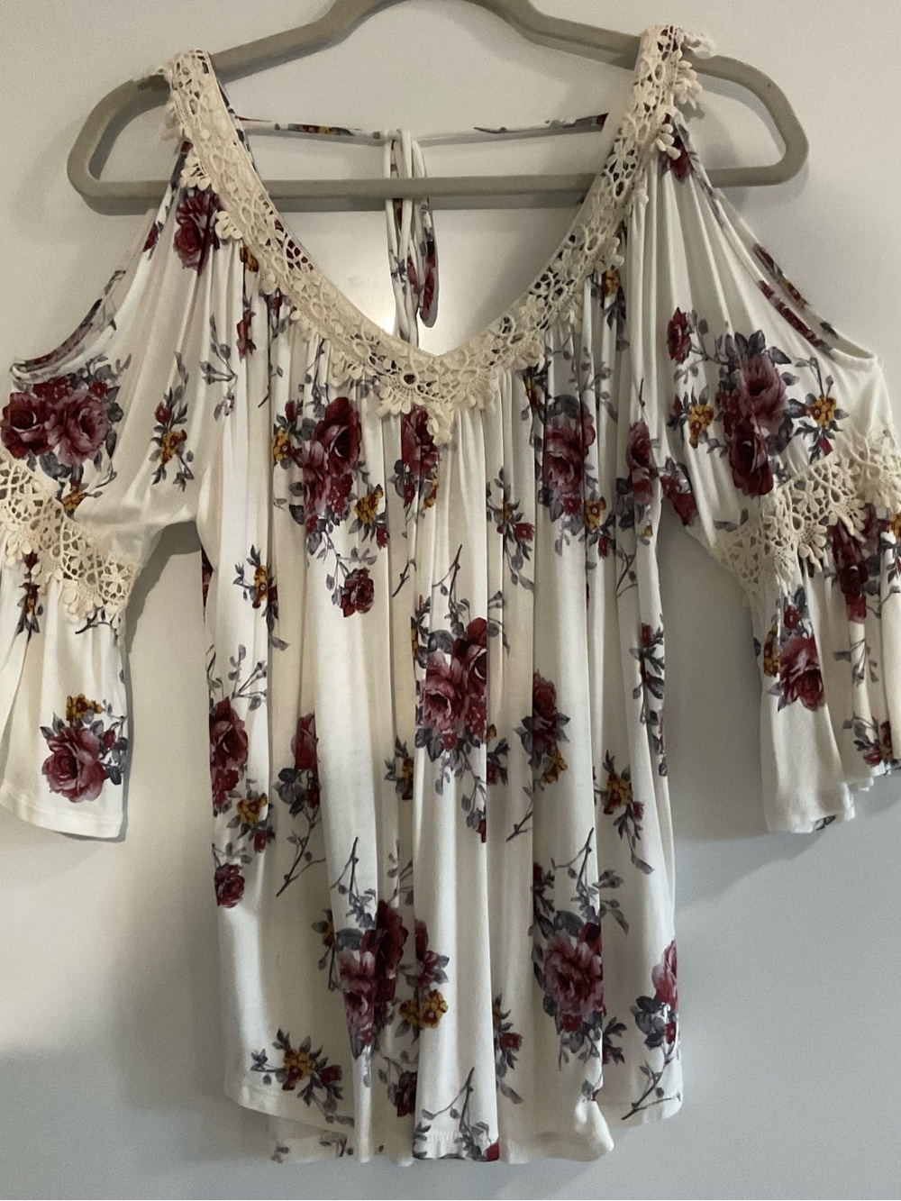 Ivory Cold-Shoulder Floral Tunic with Crochet Trim